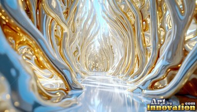 Flowing like tree branches, gold and silver liquid metal forms a bright hallway