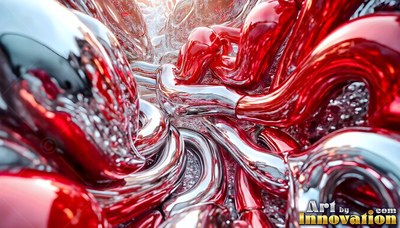Flowing red and silver molten metal tubes twisted together in bright light