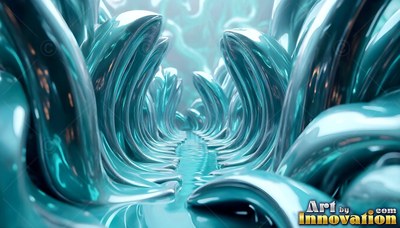 Curved glossy ridges of teal metal form a hallway lined with frozen waves under cool light