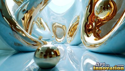 Smooth metallic arches curve over a polished floor, reflecting bright gold highlights
