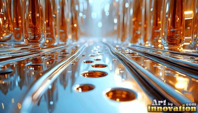 Rows of shiny copper pillars rise above a silver floor dotted with small holes