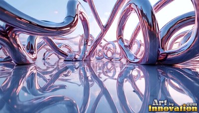 On a glossy white floor, shiny pink metallic tubes twist into tall loops
