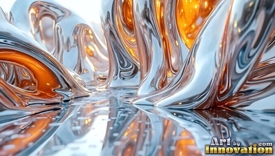 Flowing upward in ripples, chrome fluid forms arches over warm orange lights