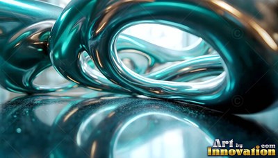 Curved teal chrome loops resting on a dark reflective surface