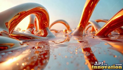 Curving arches of glossy orange metal rise out of a watery surface under bright sunlight