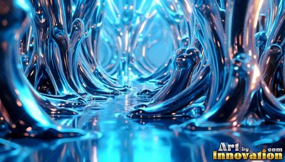 Liquid chrome trees rise like arches alongside bright blue reflections