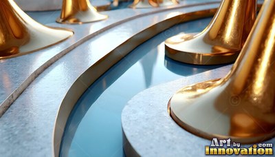 Tilted close-up across a curved blue floor with shiny gold columns