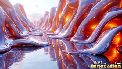 Thick ribbons of molten copper and silver metal flow along a glossy floor