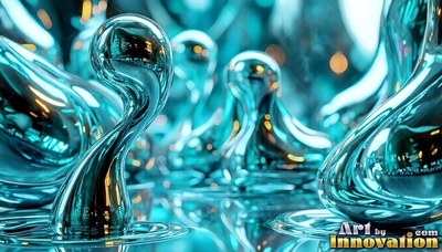 In a bright room, smooth turquoise drops of molten metal rise from a puddle