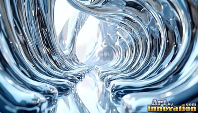 Curving along a bright hallway, liquid chrome pillars form smooth arches