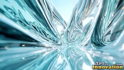 Liquid chrome arches twisting over a pale blue floor
