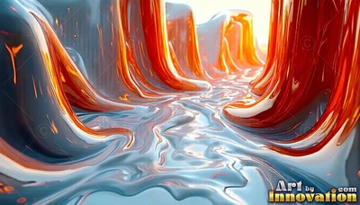 Thick orange liquid flows between smooth silver ridges under bright white light