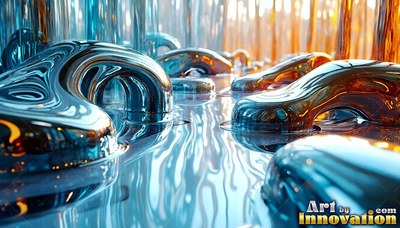 Curving close to the ground, chrome and amber molten metal forms a reflective floor