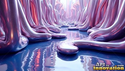 Pink molten metal pillars stand in a curved hall over smooth blue puddles