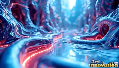 In a bright blue hall, smooth metallic roots twist over a wet floor with red lights