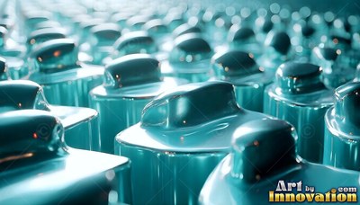 Lined up in neat rows, teal liquid metal caps reflect cool white light