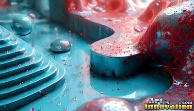 Teal stepped metal shapes covered in red droplets