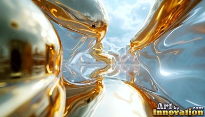 Smooth gold surfaces on frozen liquid arches curve under a pale blue sky