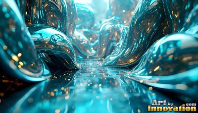 Mounds of shiny teal flowing metal flow along a path that reflects yellow points of light