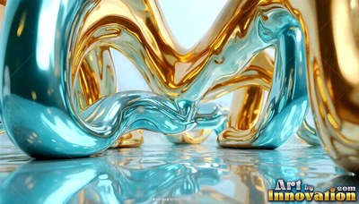 Curving close to the ground, blue and gold liquid arched metal frames rest on a smooth floor