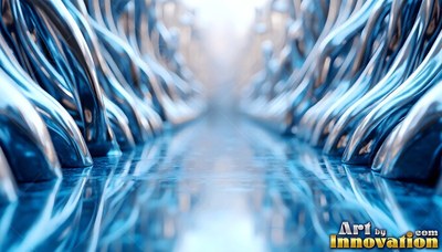 Rows of shiny chrome arches line a reflective blue hallway