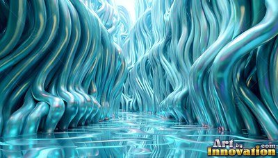 In a bright hallway, wavy columns of teal metal rise from a flat floor