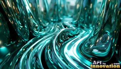 Flowing like smooth waves, teal chrome liquid forms thick curved ridges