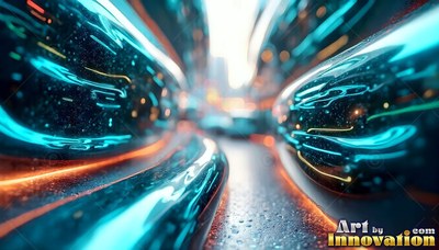 Curved cyan bands run along smooth melted metal columns flanking a wet city street