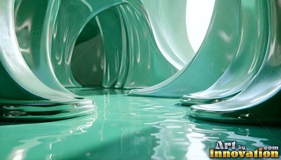 Smooth teal arches of metal curve over a glossy floor that reflects pale white light