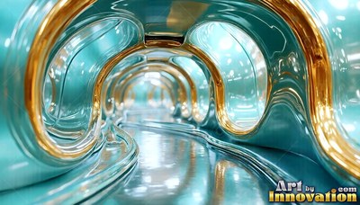 Curving through a smooth hallway of blue and gold liquid arches