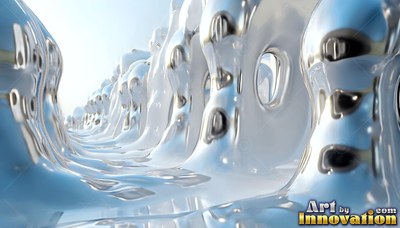 Curving silver metal walls line a glossy path under bright daylight