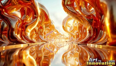 In a bright corridor, smooth curves of liquid gold rise from a shiny floor