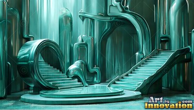 Flowing between stairs, smooth turquoise metal forms arches and pillars