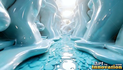Light blue liquid columns lining a glossy hallway