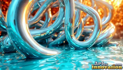 Polished silver loops curve over a wet blue floor before an orange background