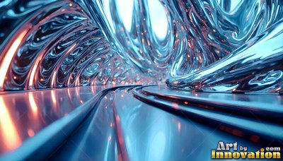 Liquid chrome arches curve over a glossy floor with warm orange reflections