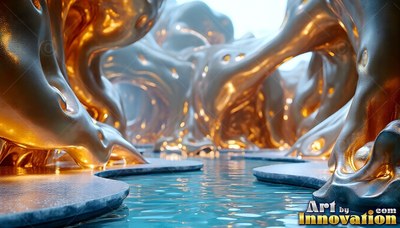Curving upward from blue water, smooth gold arches form a frozen cavern