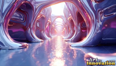 A shiny purple hallway made of smooth melted curved metal arches