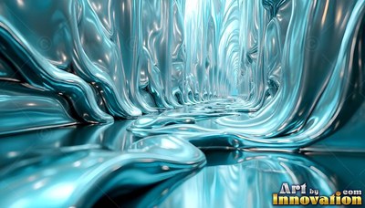 In a narrow hallway, pale blue fluid metal freezes into draped columns