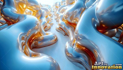 Flowing along a floor, thick shiny silver liquid reflects warm gold light