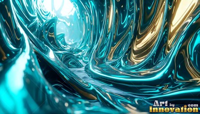 A tunnel of flowing blue and gold chrome liquid forms with bright light