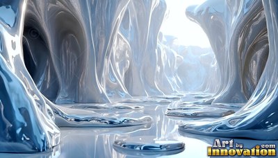 Glossy curved surfaces form frozen silver columns along a bright white corridor
