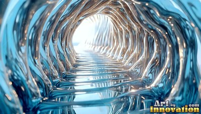 A tunnel of chrome liquid leads inward toward bright white light