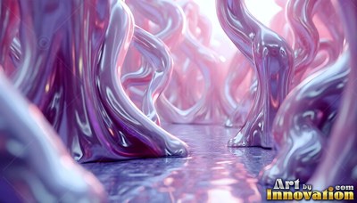 Twisted from the ground, glossy pink metal pillars stand on a wet floor