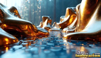 Smooth gold fluid pools and flows across wet blue ground under soft light