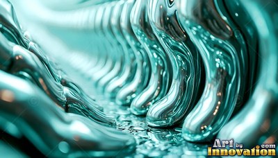 Along a shiny corridor, curved columns of liquid teal metal stand in a row