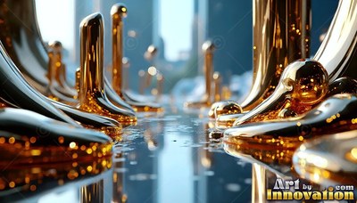 Freezing mid-splash, glossy gold liquid forms smooth pillars along a reflective blue floor