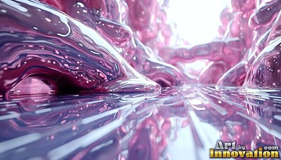 Pink flowing metal flows over a striped reflective floor