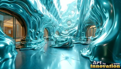 Reflective turquoise fluid covers the hallway walls and floor in smooth frozen waves