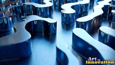 Curved chrome shapes rise from a dark surface, catching cool blue light